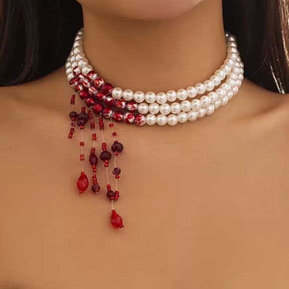 Pearl Scarlet Red Blood Crystal Choker – Queen’s Statement Necklace - Picture 3 of 5